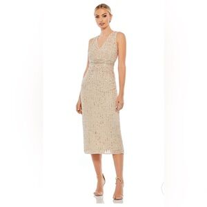 NWT MAC DUGGAL SEQUINED SLEEVELESS V-NECK MIDI SHEATH DRESS NUDE 70267​ 93606